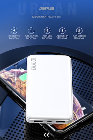 Jopus 10000mah Powerbank - Led Işık Göstergeli - Taşınabilir Şarj Cihazı Beyaz