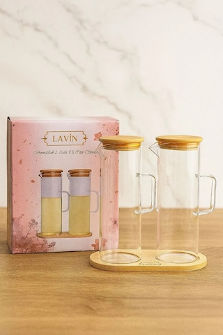 Bambu Altlıklı 2 Li Cam Yağlık Yağdanlık Sirkelik 400ml-400ml Şeffaf