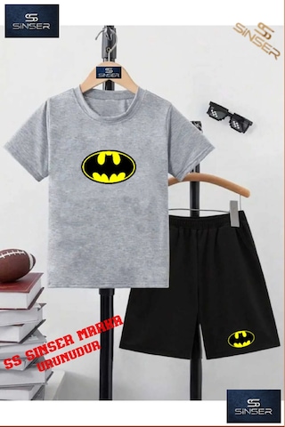 Ss Sinser Çocuk Batman Logo Özel Baskılı Bisiklet Yaka Tişört - Şort Alt - Üst Çocuk Takım Renk:grı/sıyah