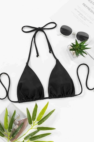 Angelsin Siyah Boyundan Bağlamalı Üçgen Bikini Üstü Siyah 001