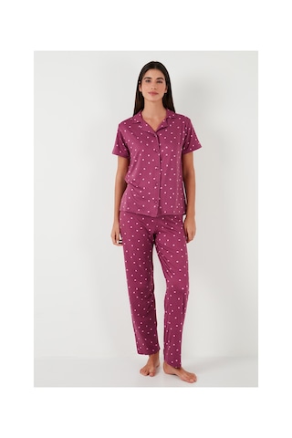 Lela Desenli Regular Fit Gömlek Yaka Bayan Pijama Takımı 65750101 Mürdüm