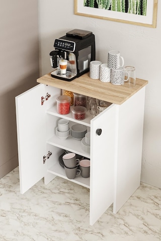 Dorta Mutfak Dolabı 2 Kapaklı 3 Raflı Kahve Köşesi Kiler Dolabı Beyaz Meşe Beyaz - Meşe