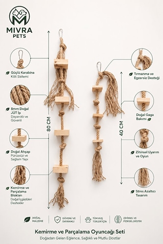 Papağan Kemirme Ve Parçalama Oyuncağı Seti Doğal Ahşap 80 Cm 8 Mm