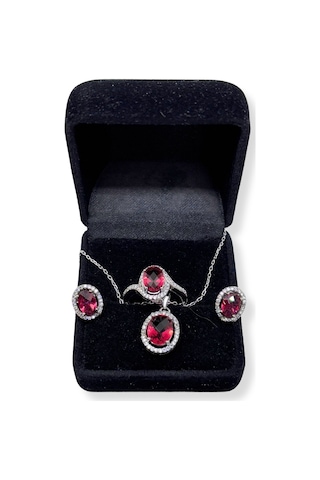 Oya Silver Lal Taşlı Işıltılı Gümüş Set&takım