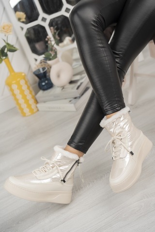 Khayt Violetta Su Geçirmez Kürklü Fermuarlı Kadın Kar Bott Bej