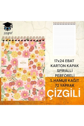 17x24 Cm Çizgili 72 Yaprak Üstten Açılır Karton Kapak Telli Defter Beyaz Sayfa 1.hamur Kağıt Perfore Çiçek