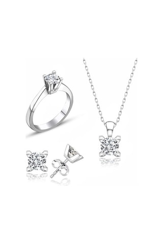 Sertifikalı Swarovski Taşlı Klasik Tek Taş 925 Gümüş Set Takım