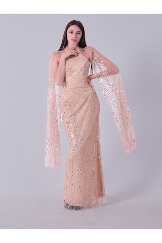 Feminist Gold Boyundan Pelerin Detaylı Pul Payet İşlemeli Straplez Abiye 9705827