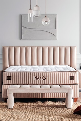 Hades Yatak Baza Ve Başlık Seti 180x200 Cm Çift Kişilik Paket Yaylı Lüks Yatak Krem Baza Başlık
