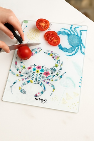 Makri Home Yengeç Desenli Cam, Kesme Tahtası, 25 35 Cm Mavi