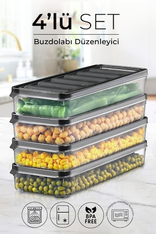 Kitchen Life 4 lü 1000 ML Buzdolabı ve Mikrodalga Saklama Kabı - Buzdolabı Organizeri Saklama Kutusu