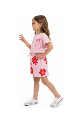 Toontoy Kids Toontoy Kız Çocuk 2'li Şortlu Takım Bisiklet Yaka Kısa Kollu Baskılı Tişört - Beli Lastikli Bağlamalı Baskılı Şort 25035 Pembe