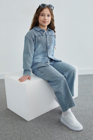 Fullamoda Taşlı Beli Lastikli Kız Çocuk Jean 3 Lü Takım Mavi
