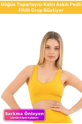 Fantazer Premium Göğüs Toparlayıcı Sarkma Önleyen Spor Günlük Kalın Askılı Pedli Fitilli Crop Büstiyer Sarı