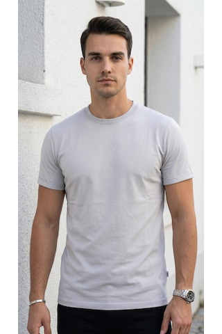 Plus Scorpion T02 Kol Katlama Erkek Slim Fit Basic Tişört Bisiklet Yaka, Düz Kumaş, Yazlık Model Gri