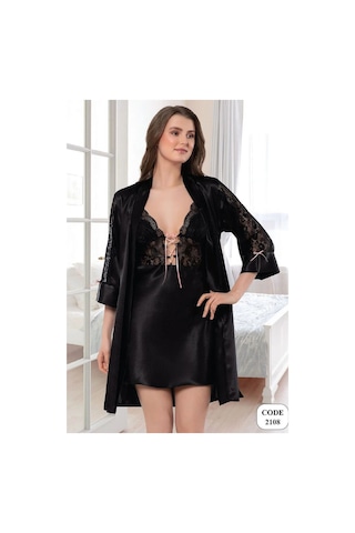 Faal 2108 Kadın Dantel Detaylı Saten İp Askılı Kısa Gecelik Sabahlık Takım-siyah Siyah