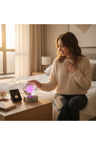 Kişiye Özel Romantik Işıklı Kristal Küre Gezegen Lamba & Melek Kanadı Kolye Kombin Seti