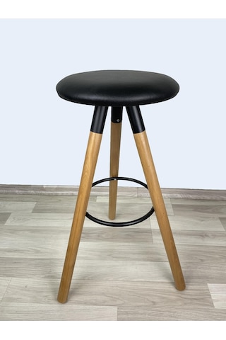 Banco Bar Sandalyesi, Bar Taburesi 74cm Ahşap Ayak Siyah Deri Oturak Çok Renkli