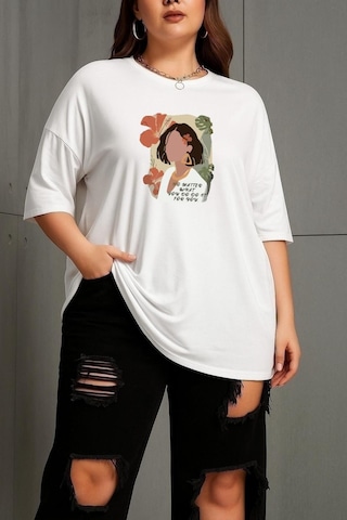 Büyük Beden Renkli Kadın Baskılı Unisex Tişört Beyaz