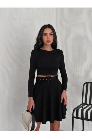 Ozy Fashion Kadın Siyah Renk Midi Boy Kemerli Süet Kloş Etek Siyah