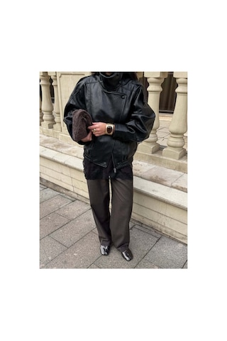 Cıqulata Yeni Sezon Kadın Oversize Dik Yaka Apoletli Siyah Deri Ceket Siyah&black Siyah&Black