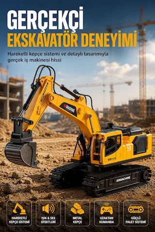 Buharlı Işıklı Sesli Metal Alaşım Excavator Uzaktan Kumandalı Rc İş Makinesi Sarı