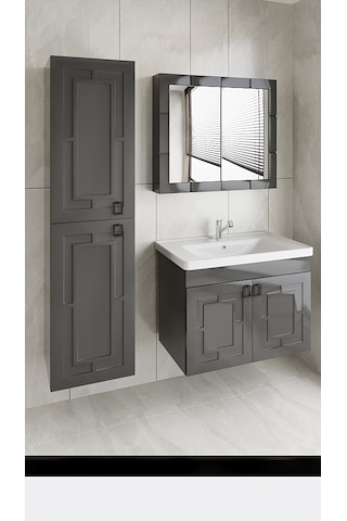 Mr Clk Antrasit Gri 80 Cm Banyo Alt Dolap + Üst Dolap + Yan Boy Dolap +lavabo Antrasit - Gri
