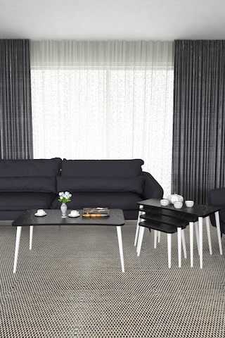 Milas 5li Orta Sehpa Ve Zigon Sehpa Siyah Mermer Ahşap Ayaklı