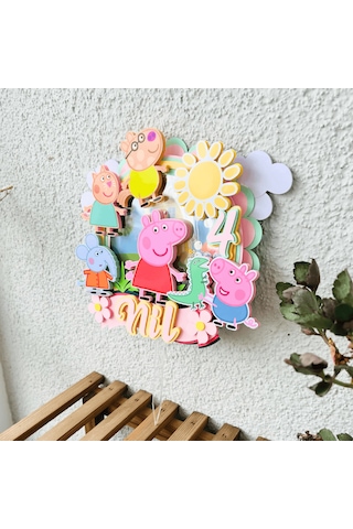 Peppa Temalı Kız Çocuk Doğum Günü İsme Özel 3d Pasta Süsü Cake Topper Çocuk