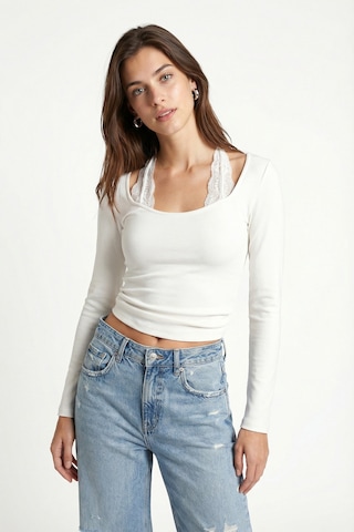 Ritnice Kadın Emma Dantel Detaylı Uzun Kollu Ekru Basic Top / Bluz
