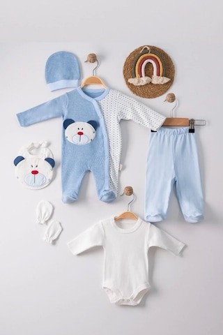 Cojans Ayıcık Nakışlı Tulumlu % 100 Pamuk Erkek Bebek 5'li Set Çok Renkli