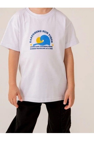 Cicihlid Erkek Çocuk Pamuklu Sun T-shirt-15887 Beyaz