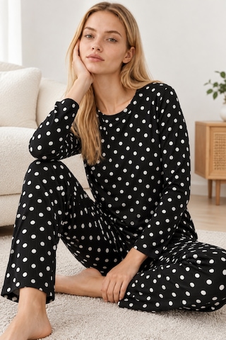 Womanandkids Night Siyah Kadın Desenli İkili Rahat Pijama Takımı 4814
