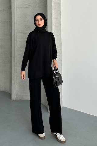 Feela Moda Kadın Modal Penye Oversize Tesettür Tunik Takım 2020 Siyah
