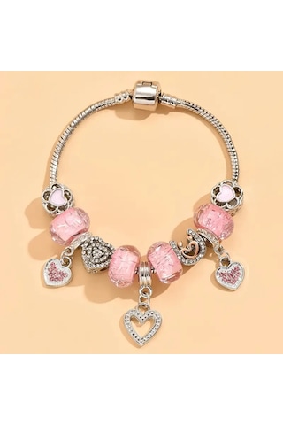Worldshop Pembe Taşlı Kalp Charmlı Bileklik