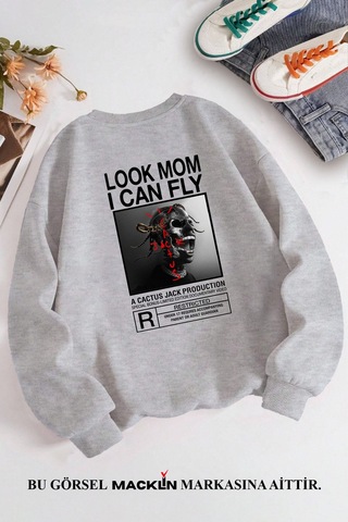 Macklin Unisex Kadın Erkek Travis Scott Cactus Jack Özel Tasarım Baskılı Bisiklet Yaka Sweatshirt Gri3 Mck1303 Gri