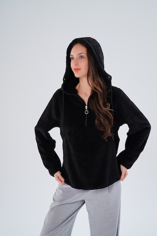 Paw Garage Kadın Büyük Beden Geniş Kalıp Wellsoft Kumaş Kapüşonlu Sweat - İçi Dışı Peluş Tasarım, Sıcak Tutar Siyah
