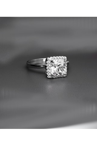1.90 Karat Prenses Kare Taşlı Dia Tektaş Kare Kadın Gümüş Yüzük