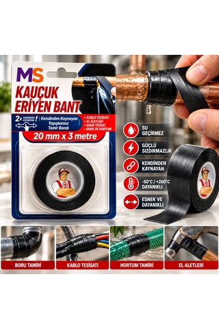 2 Adet Premium Üst Kalite Kauçuk Eriyen Bant Yanmaz 20 Mm X 3 Metre İzolasyon Yapışkanlı Tamir Bandı