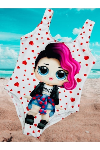 Lolliboomkids Kız Çocuk Punk Lol Rocker Boi Mor Saçlı Karakter Desen Beyaz Üzeri Kalp Desen Mayo Beyaz - Pembe