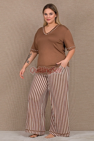 Lady Kahverengi Çizgili Desenl 11061 Kısa Kol Kadın Büyük Beden Anne Pijama Takımı