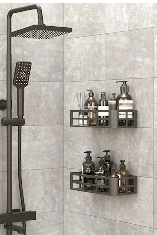 2'li Set Banyo Duş Rafı Şampuanlık, Sabunluk Siyah Yapışkanlı Siyah