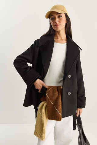 Shade Kadın Kruvaze Yaka Astarlı Kısa Oversize Kaşe Kaban 3508 60283850 - Siyah