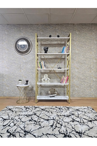 Gold Boyalı Kitaplık - 5 Raflı Suntalem Lüks Kitaplık Beyaz Merme Çok Renkli