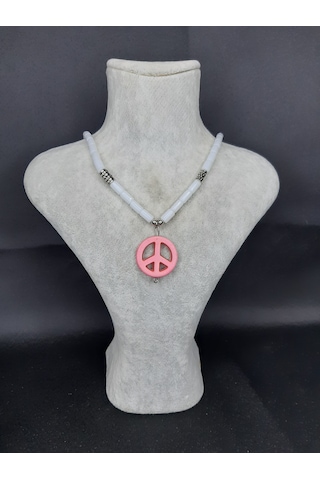 Mryart Doğal Taş Boncuklu Pembe Barış Sembollü Kolye Unisex Bohem Tarz Aksesuar 001 - Beyaz