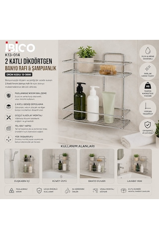 Krt Metal Banyo Köşelik İki Katlı Dikdörtgen Krom Duşkabin Raf Şampuanlık- 12'li Paket