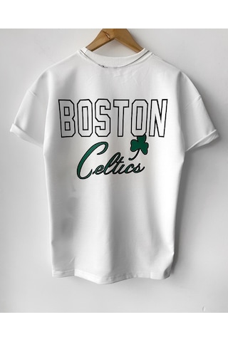 Çocuk Erkek Boston Celtic Oversize Baskılı Pamuklu Bisiklet Yaka Beyaz