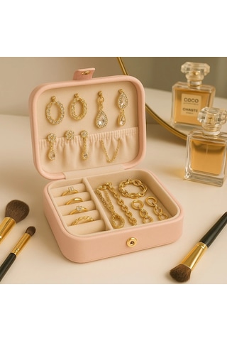 Deri Mini Baklava Desenli Seyahat Takı Bijuteri Mücevher Kutusu Organizer Düzenleyici 11,5cm Pembe İ