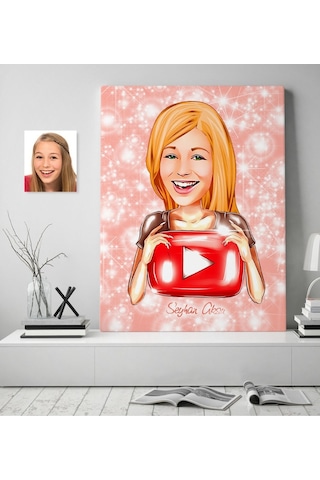 Kişiye Özel Kadın Youtuber Karikatürlü Kanvas Tablo 70X100Cm-1