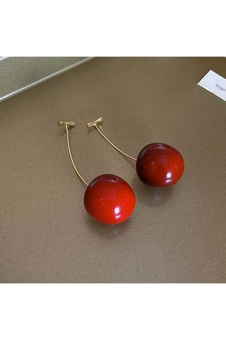 Altın Kaplama Kiraz Cherry Küpe Kırmız - Altın